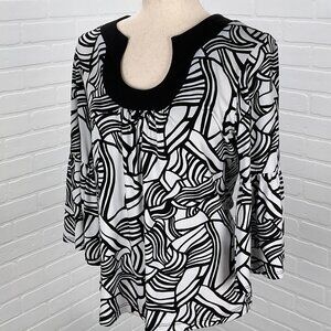 Chicos Top Women 1 Medium 8 Black White Smock Stretch Flare Scoop‎ Tunic USA